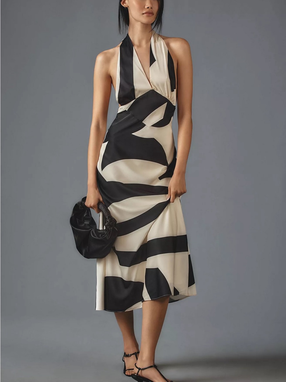 NWT Bardot Black & Cream Citron Halter Midi Dress Abstract Print Party Size 8